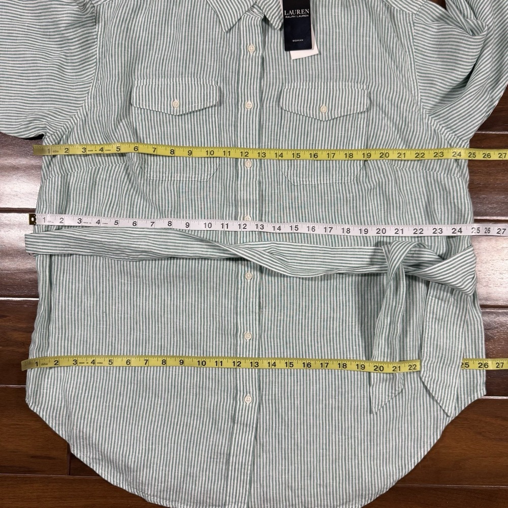 Lauren Ralph Lauren Women's Size 1X Green White Striped Belted Linen Shirt Top - Picture 5 of 10